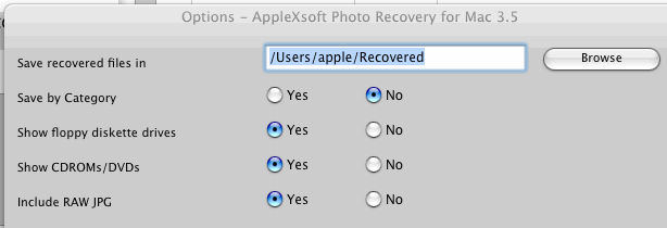 AppleXsoft Photo Recovery for Mac Options